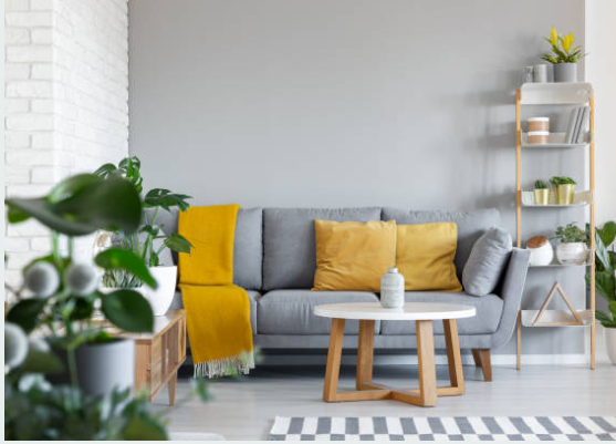 Grey and mustard yellow living room