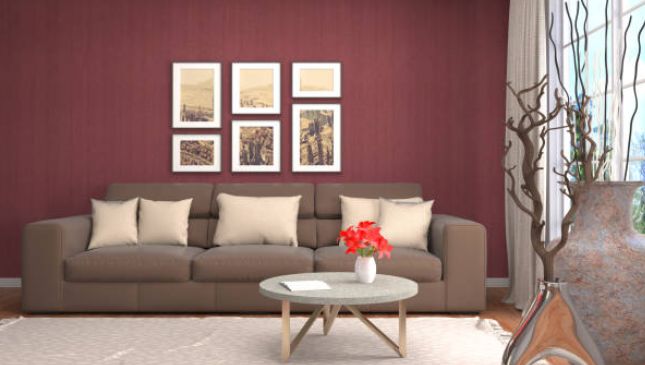 Soft taupe and rich burgundy living room