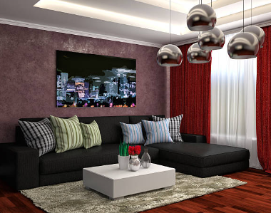 Dark charcoal and vibrant red living room